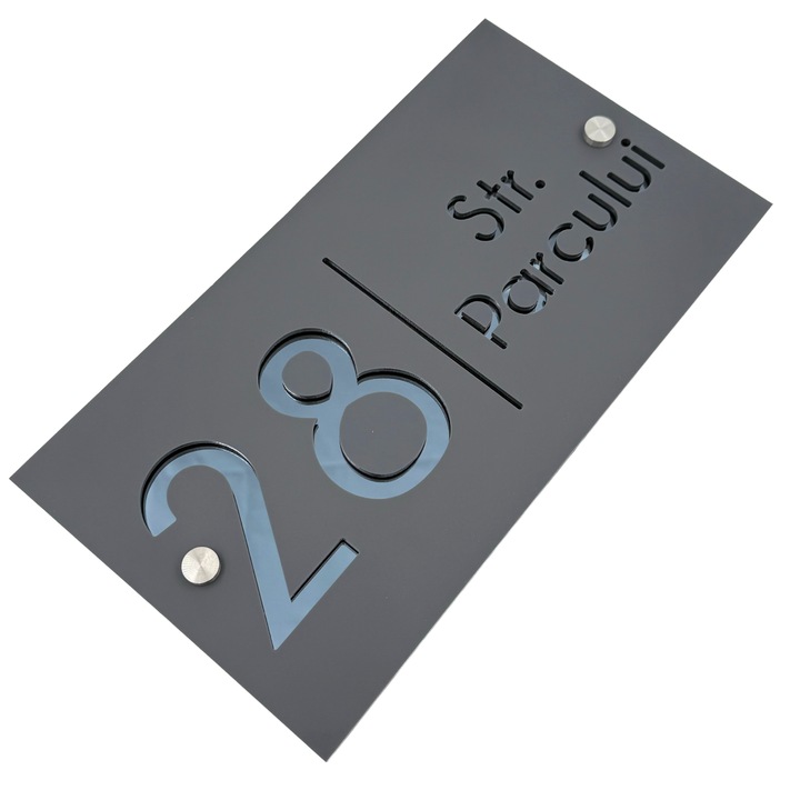 Placuta numar casa, Negru Satinat, Gri Antracit Oglinda, 2 Distantieri Argintii, 28x15cm