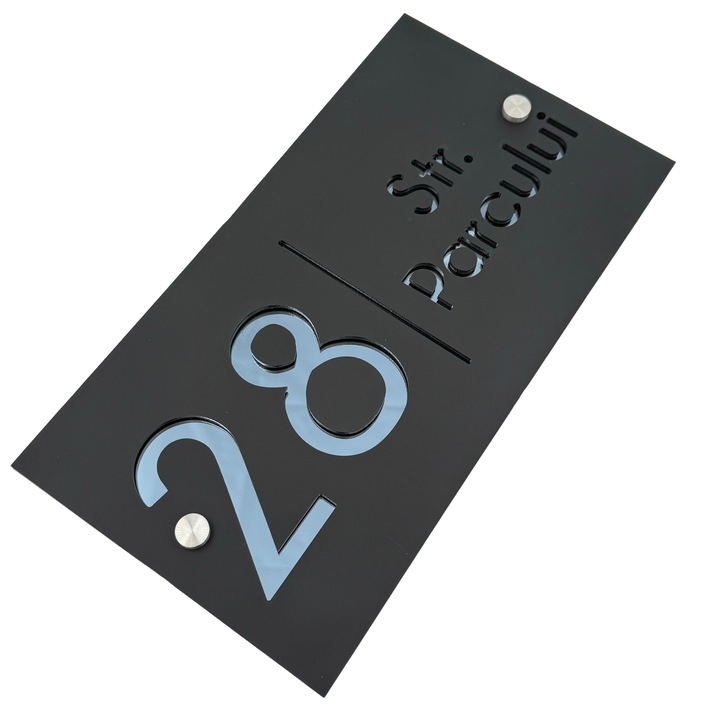 Placuta numar casa, Negru Satinat, Gri Antracit Oglinda, 2 Distantieri Argintii, 28x15cm