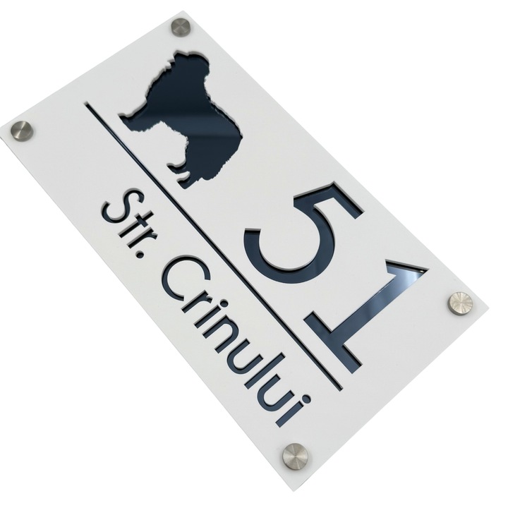 Placuta numar casa, Alb Satinat, Gri Antracit Oglinda, 4 Distantieri Argintii, 28x15cm