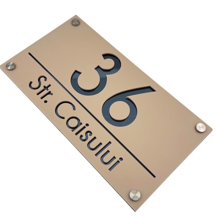 Placuta numar casa personalizat, Crem Satinat, Gri Antracit Oglinda, 4 Distantieri Argintii, 28x15cm