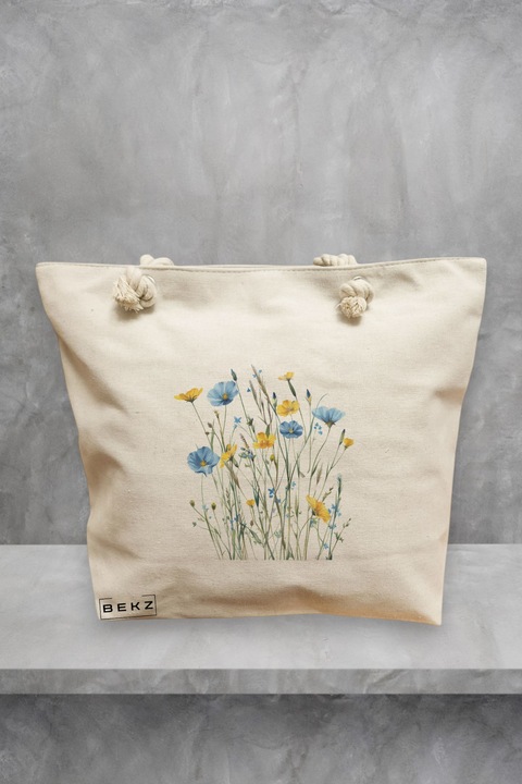 Geanta de plaja, model Flowers 8, 40x51 cm, Crem, BEKZ®