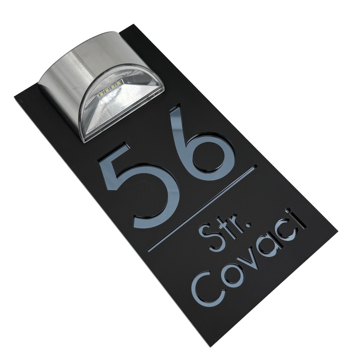 Placuta numar casa, Negru Satinat, Gri Antracit Oglinda, Lampa Solara, 30x15cm