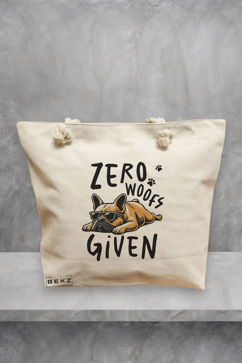 Geanta de plaja, model Zero Woofs Given, 40x51 cm, Crem, BEKZ®