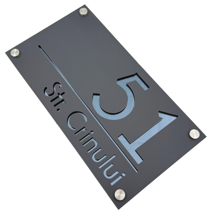 Placuta numar casa, Gri Satinat, Gri Antracit Oglinda, 4 Distantieri Argintii, 28x15cm