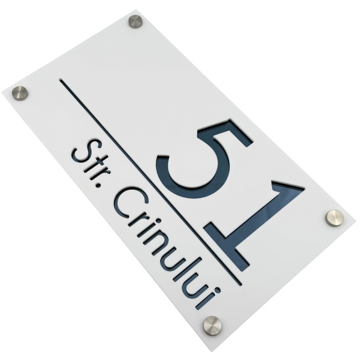 Placuta numar casa, Alb Satinat, Gri Antracit Oglinda, 4 Distantieri Argintii, 28x15cm