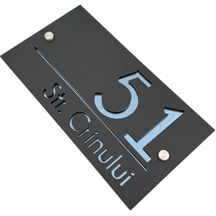 Placuta numar casa, Negru Satinat, Gri Antracit Oglinda, 2 Distantieri Argintii, 28x15cm