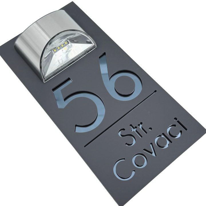 Placuta numar casa, Gri Satinat, Gri Antracit Oglinda, Lampa Solara, 30x15cm