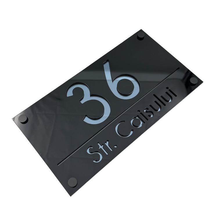 Placuta numar casa, Negru Lucios, Gri Antracit Oglinda, 4 Distantieri Negrii, 28x15cm