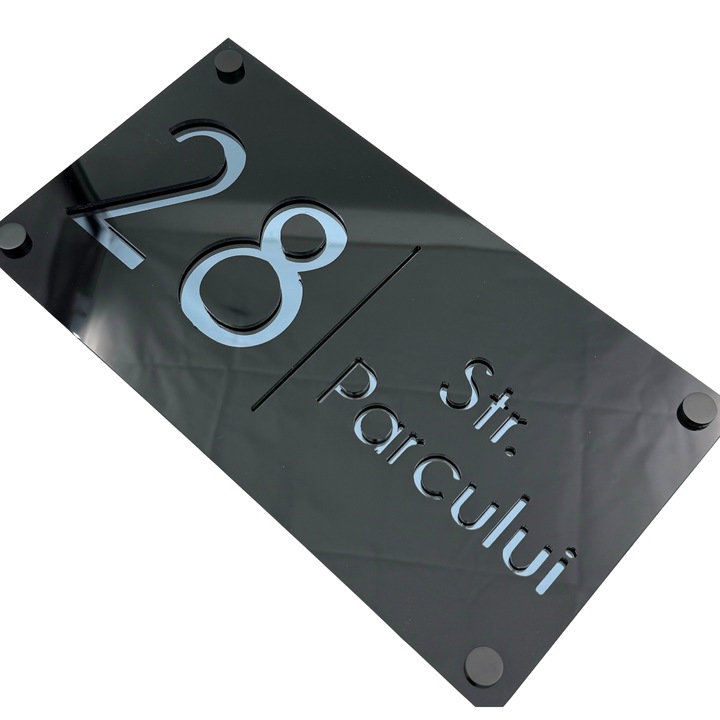 Placuta numar casa, Negru Lucios, Gri Antracit Oglinda, 4 Distantieri Negrii, 28x15cm