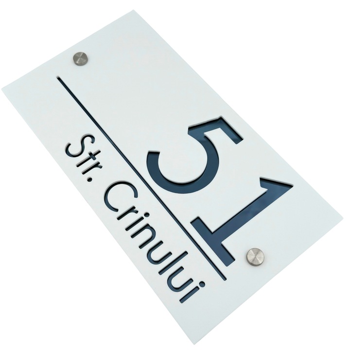 Placuta numar casa, Alb Satinat, Gri Antracit Oglinda, 2 Distantieri Argintii, 28x15cm