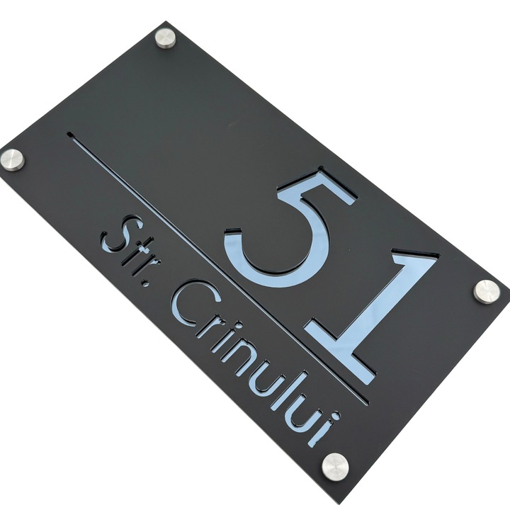 Placuta numar casa, Negru Satinat, Gri Antracit Oglinda, 4 Distantieri Argintii, 28x15cm