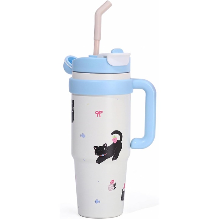 Termos din otel inoxidabil, OEMG®, capacitate 1000 ml, Cu capac si pai, Inox, Rezistent la rugina si la scurgeri, Pastreaza bautura fierbinte sau rece timp de 12 ore, Albastru