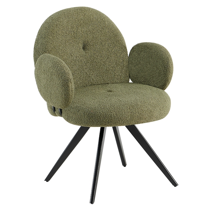 Scaun dining pivotant textil verde buclat metal negru Vasala 64, 5x62x86 cm