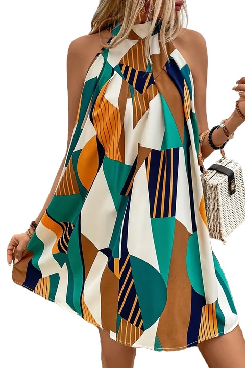 Rochie scurta de vara, print geometric, fara umeri, croi in A, material lejer