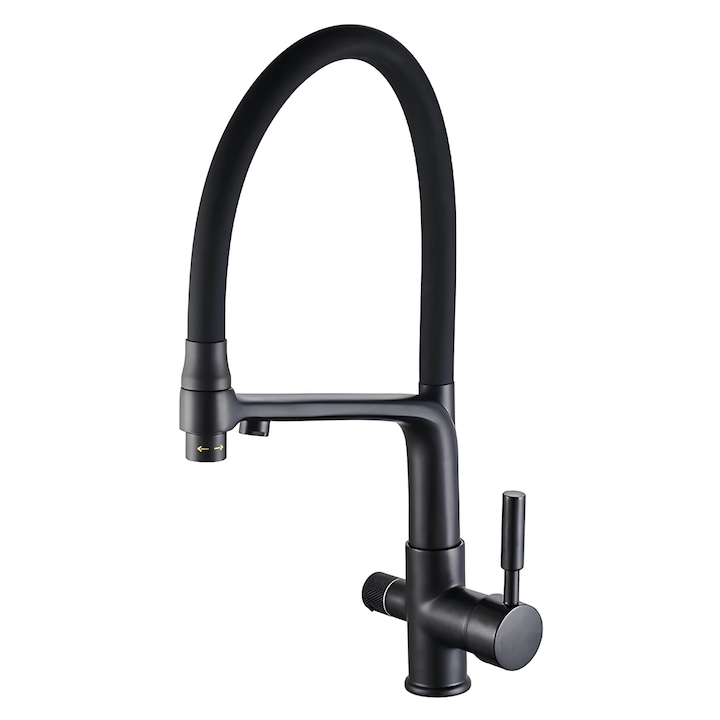 Baterie Bucatarie 3 cai, esire pentru filtru apa, dus extractibil, Negru Mat, din Alama solida, 44.5 cm, Rain Drop de la Robinetul Meu