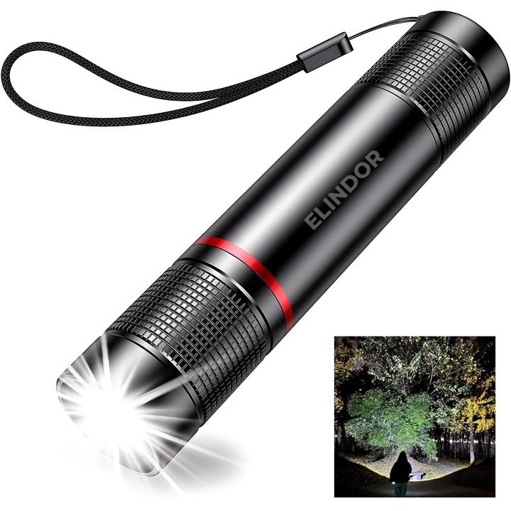 Elindor® Professional Black MINI LED фенерче, изключително ярко, 2000 лумена, с акумулаторна батерия (USB C), военен тактически дизайн, 4 режима, мащабируем лъч, водоустойчиво, многофункционално, за риболов, разходки, туризъм