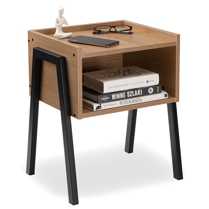 Noptieră Skive, stejar modern/negru mat, 51x43,5x35cm, design loft, multifunctională