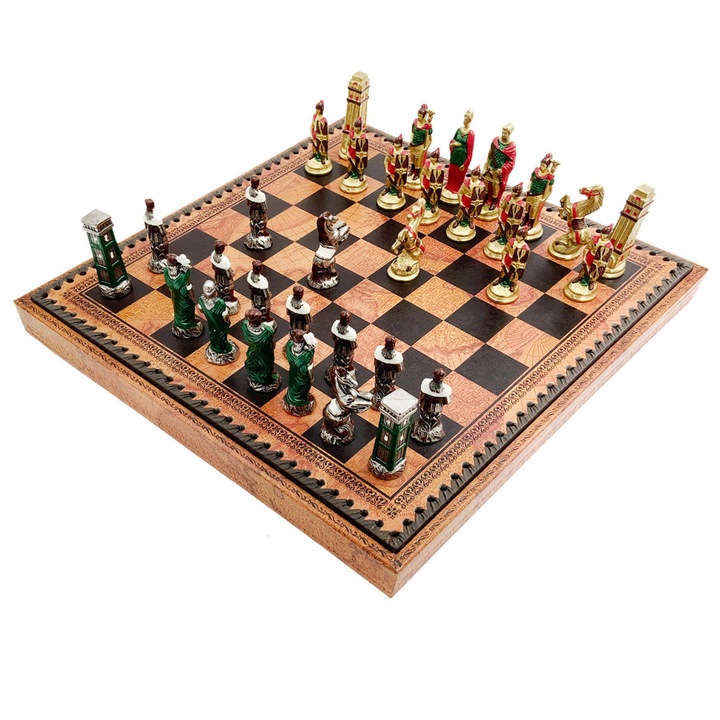 Set joc de sah Italfama, piese metalice, tabla din piele ecologica, 35x35cm