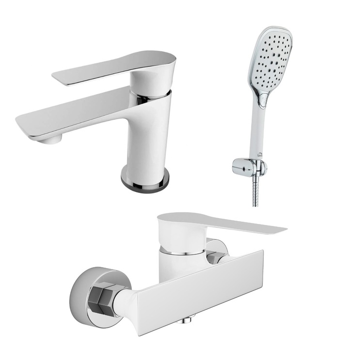 Set baterii CasaBlanca Level alb-crom: baterie dus + baterie lavoar + set para cu furtun