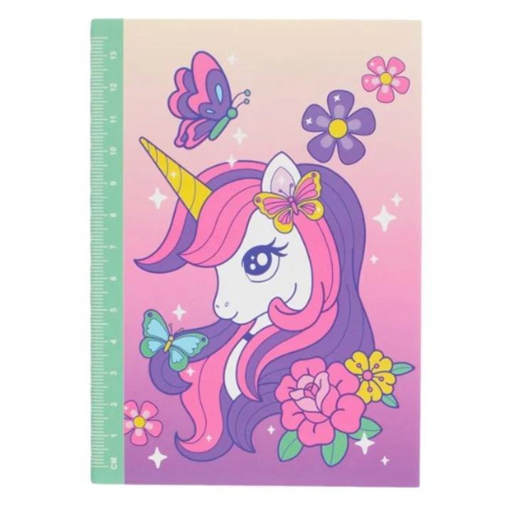 Бележник А6 с розов, ментово зелен еднорог и линийка - 40 листа