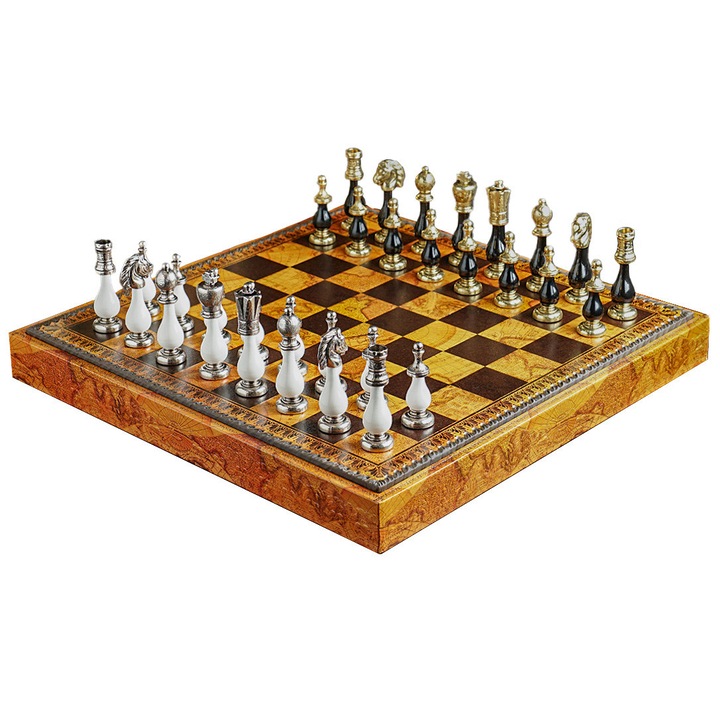 Set de șah și table din lemn, Italfama, colectia Arabescato, 10cm, maro, 48x48x5.5cm