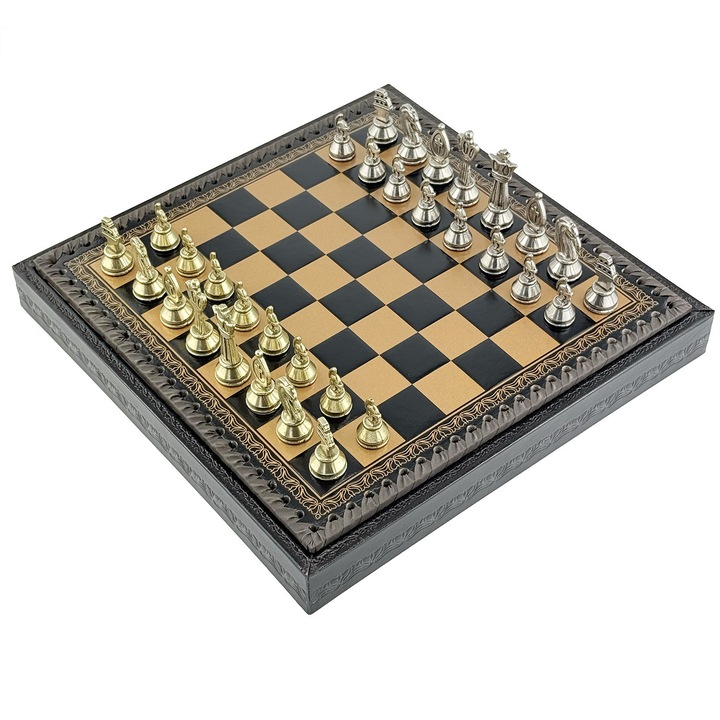 Римски шахматен комплект Italfama, метален, 5 см, дъска от еко кожа, 28x28x3.5 см, златист/черен