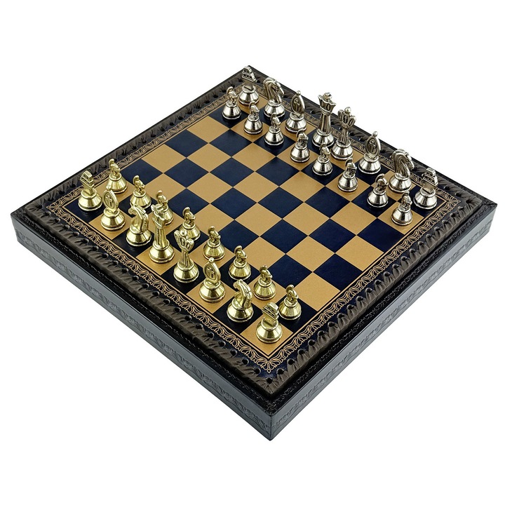 Set piese de sah romane Italfama, metal, piele ecologica, 5cm, 28x28x3.5cm, aur/albastru
