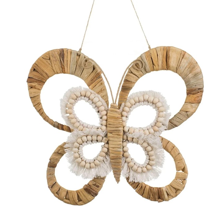 Декорация за стена с пеперуда, мъниста от юта и сламка 33x25см