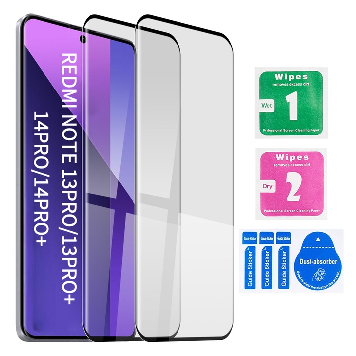 Извито закалено стъклено фолио за Xiaomi Redmi Note 14 Pro+/14 Pro/13 Pro+/13 Pro [2 броя], протектор за екран против надраскване [6,67 инча], с кърпички за еднократна употреба