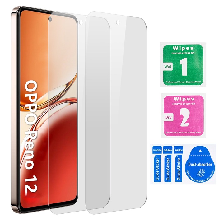 Премиум 9H алуминиево стъклено фолио за OPPO RENO 12, комплект от 2 броя, удароустойчиво, против пръстови отпечатъци, за извит екран, с комплект за почистване