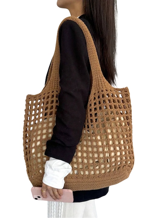 Плажна чанта, Плетена на една кука, Уникален дизайн, Голям капацитет, Кафява