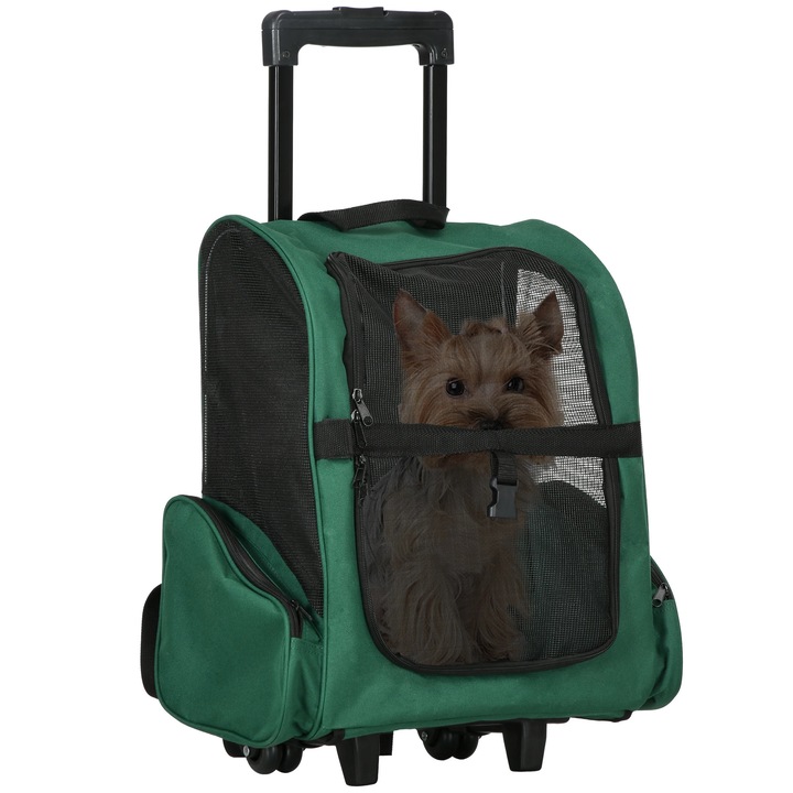 Geanta de transport caini, 2 in 1 Troler/Rucsac, Cu roti, Pentru caini de talie mica, Cadru metalic, 42×25×55 cm, Verde