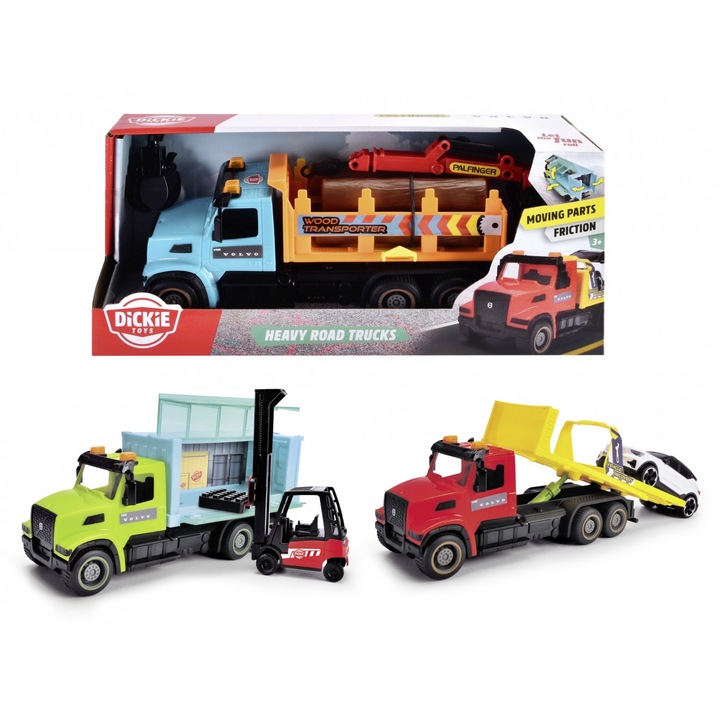 Masinuta transport marfa, Volvo, set cu 3 tipuri de vehicule, 22cm, multicolor