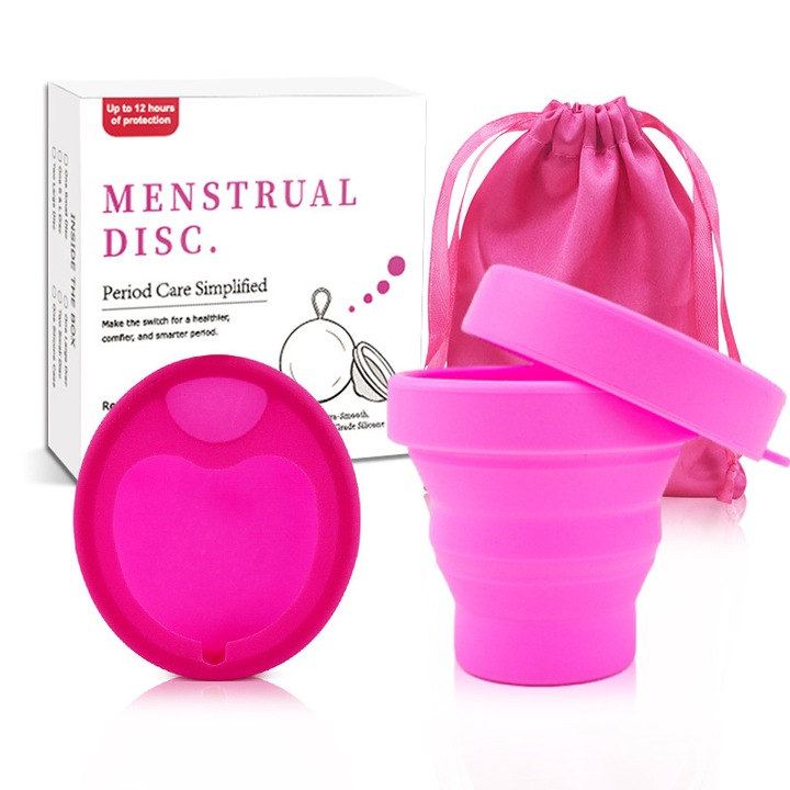 Orvosi szilikon menstruációs korong, újrafelhasználható, környezetbarát, 39 ml űrtartalom, összecsukható pohárral, rózsaszín