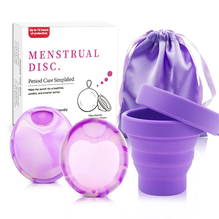Медицински силиконов менструален диск за многократна употреба, екологичен, капацитет 39 мл, със сгъваема чаша, лилав (2 продукта)