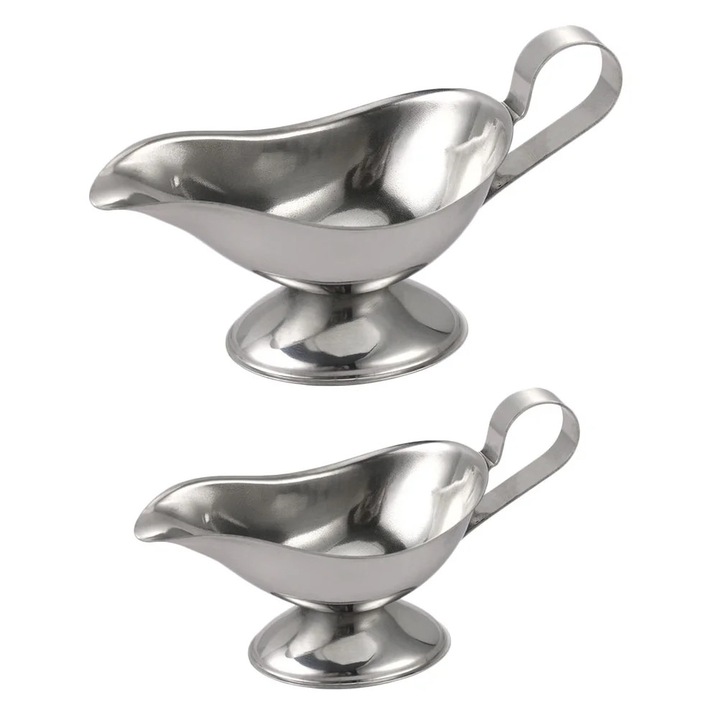 Set 2 cani pentru sos din otel inoxidabil, argintiu, 14x6x8cm si 21.5x9.3x10.5cm