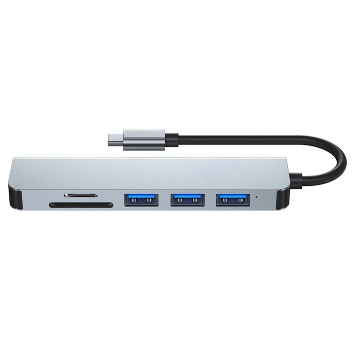 YANYXR USB 3.0 Hub, 6 portos, alumínium, szürke, 11.4x1.1x2.8cm