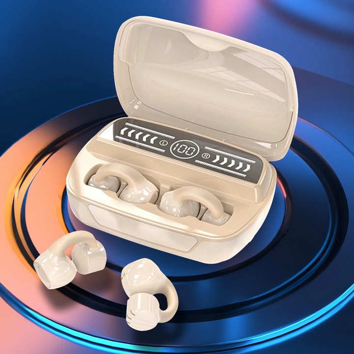 YANYXR sport vezeték nélküli fülhallgató, Bluetooth 5.3, 1200mAh kapacitás, bézs, 8.1x5.7x3.2cm