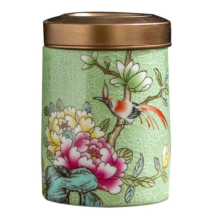 Recipient pentru ceai ZYBLSSBB LSM2xh5192-BCS0168301, borcan ceramic etans cu desen floral si capac auriu, multicolor, 6.6 x 4.5 x 4.5 cm