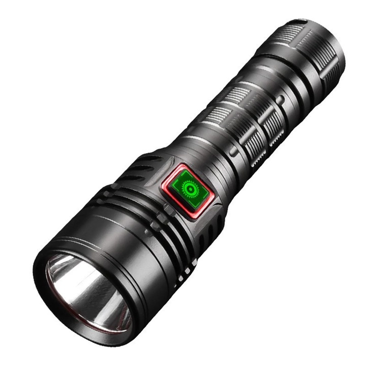 USB újratölthető lámpa, alumínium, vízálló, 14.2x4cm, fekete