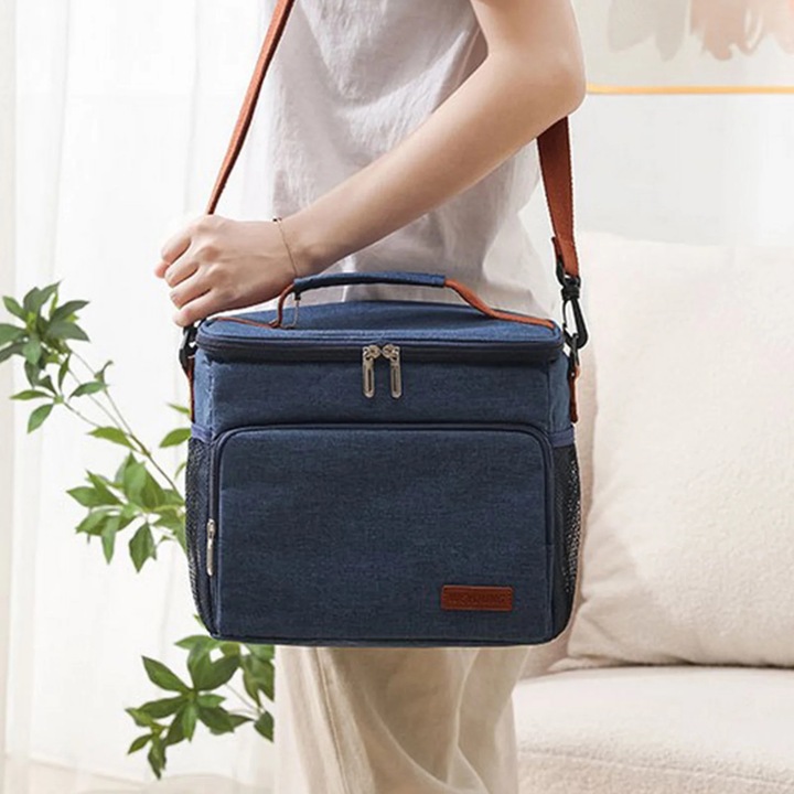 Geanta termo-izolanta albastra, 25x19x21cm, cu multiple compartimente, pentru birou, scoala, picnic, plaja