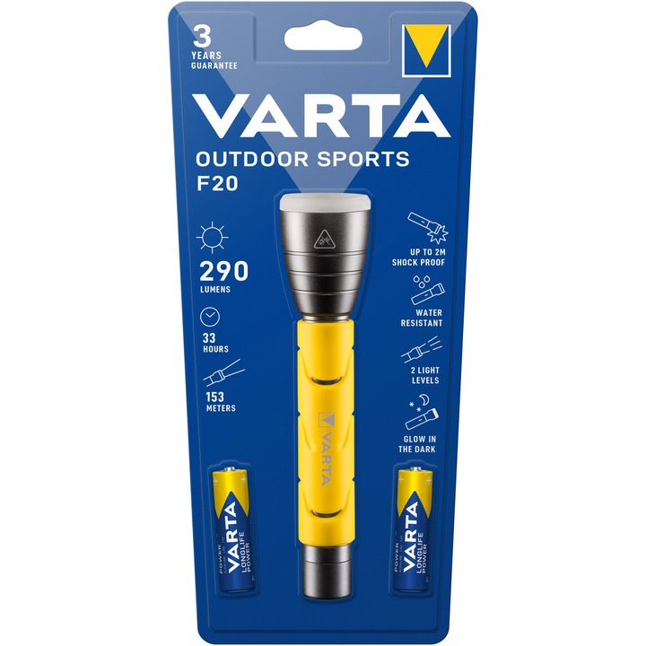 Фенер LED Varta Outdoor Sports, 5W, 235 лумена, 2AA, Жълт