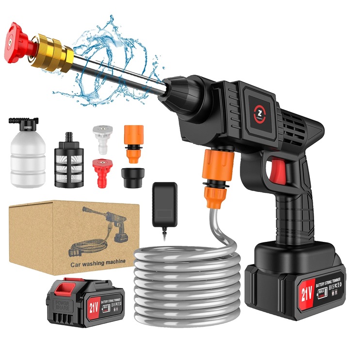 Aparat spalat cu presiune, 21V, 50BAR-80BAR, distanta spray 7-10m, set cu 1 baterie 20000mah, fara fir
