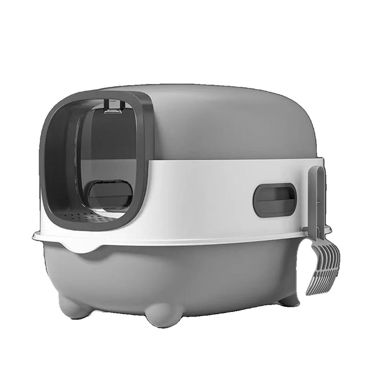Litiera pentru pisici, design cu capac, gri, 34x56x38cm, usor de curatat, cu lopatica inclusa