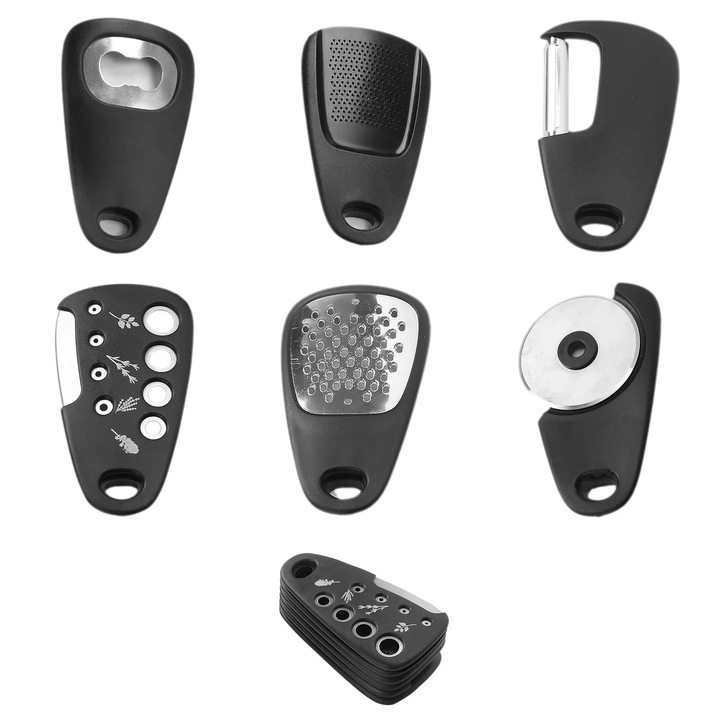 Комплект кухненски прибори от 6 части, ренде за пъпеш, резачка за билки, ренде за чесън, отварачка за консерви, ренде за сирене, нож за пица, черен, 12.9x7.1x4.8см