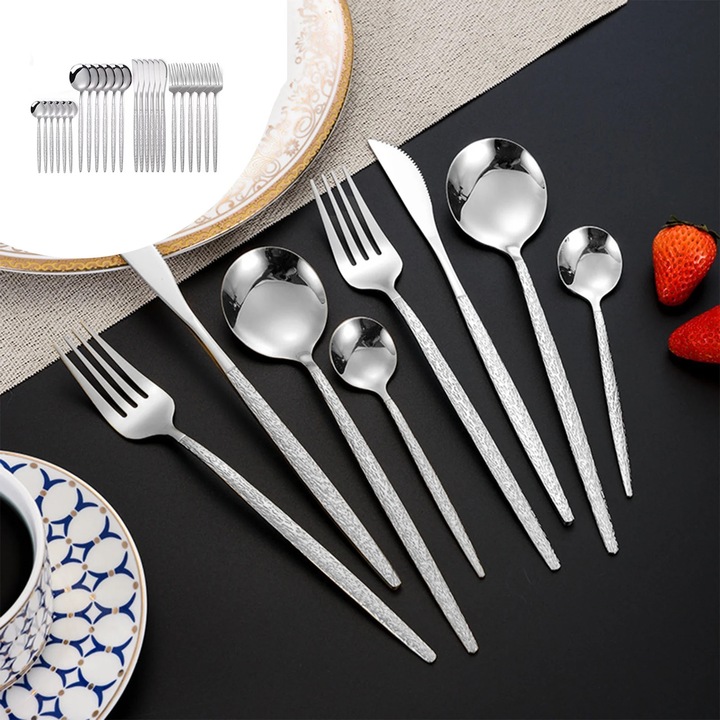 Set tacamuri ZYBLSSBB 24 piese, din otel inoxidabil, maner texturat tip ciocanit, argintiu