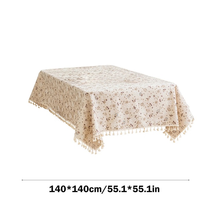 YANYXR BCS2900803 asztalterítő, 70% poliészter lenvászon szövet, mosható, gyűrődésálló, virágmintás rojtokkal, fehér, 140 x 140 cm
