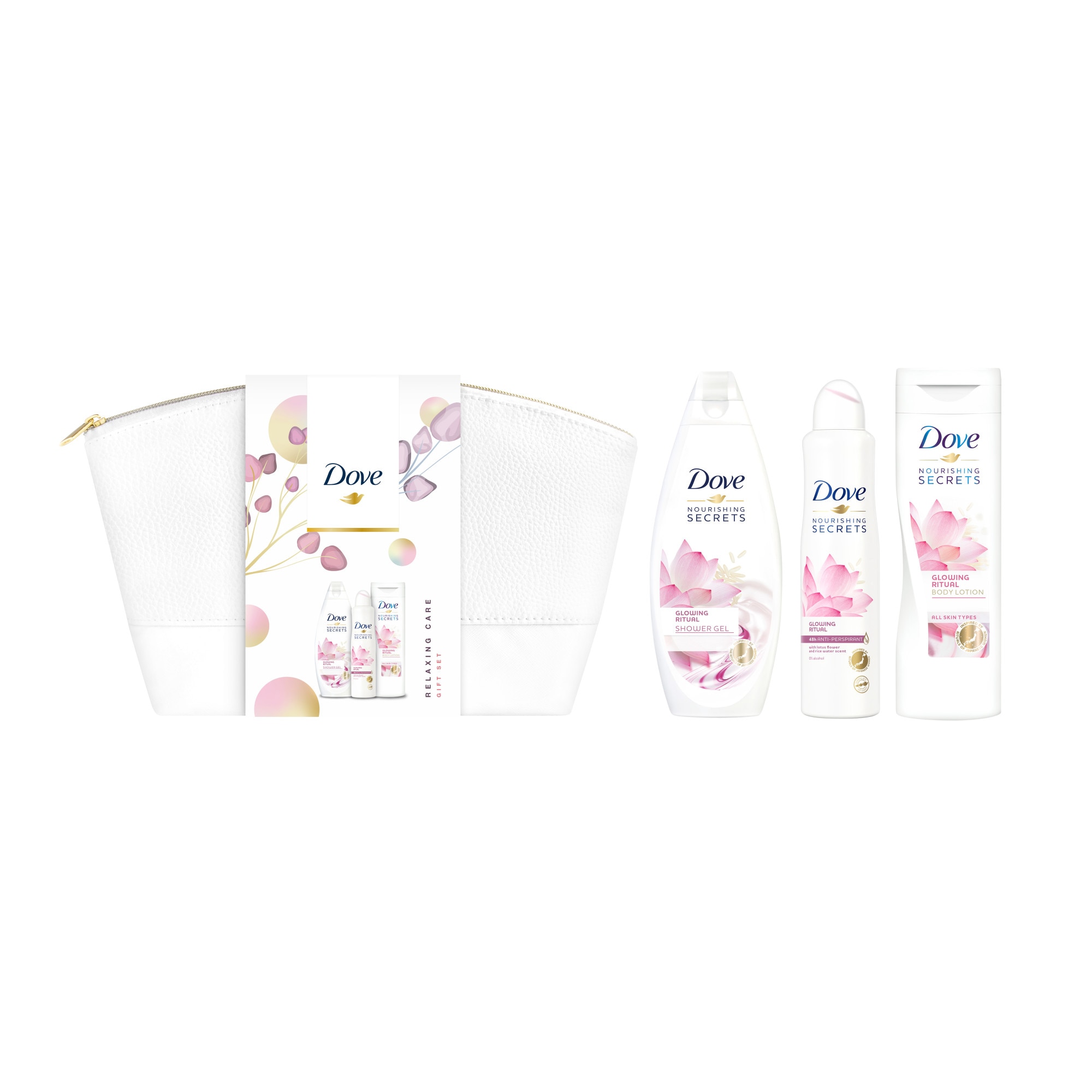 Set cadou Dove: Gel de dus Glowing, 250 ml + Lotiune de corp Glowing, 250 ml + Deodorant spray Glowing Ritual Lotus Flower, 150 ml