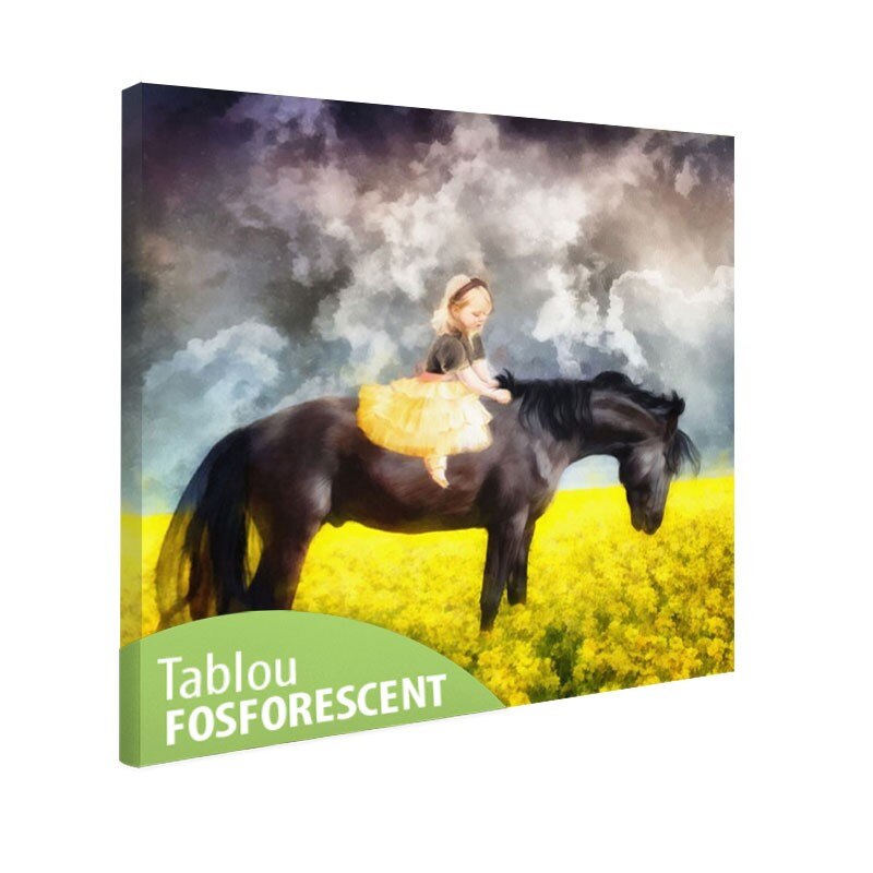 Tablou fosforescent Fetita pe cal, 80x80 cm