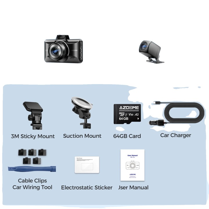 Camera auto DVR, 3K, G-Sensor, moduri de parcare duale, M01 Pro-WIFI, set cu card AZDOME 64GB